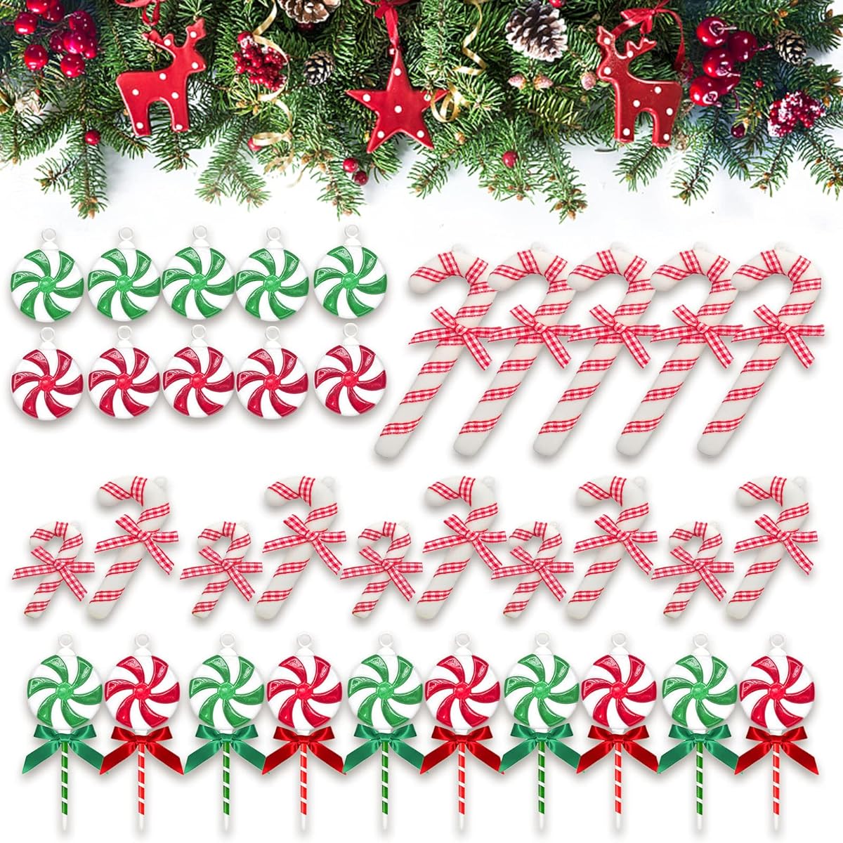 TUSAUW Christmas Decorations Lollipop Candy Cane Christmas Tree Hanging Ornaments Red Green Christmas Decoration Cane for Party Home Birthday Wedding (35 Pieces)