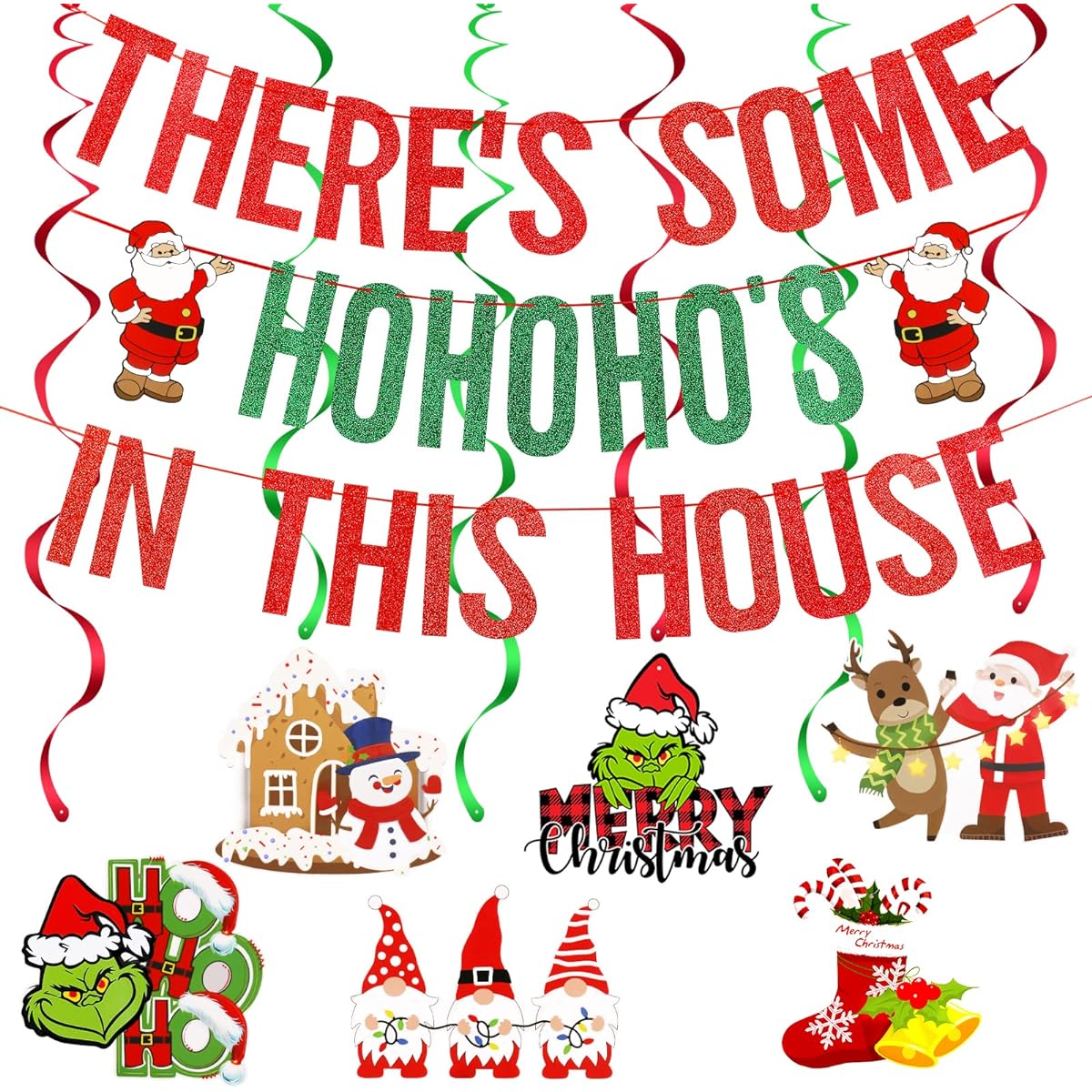 There's Some Ho Ho Hos in This House Banner Red Green Glitter Funny Christmas Banner Decoration Christmas Holiday Party Banner Christmas Holiday Office Fireplace Mantle Home Decoration