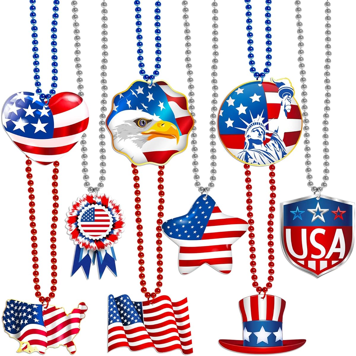 18 Pieces 4th of July Necklace Beads Independence Day Beads Pendant Necklace Party Costume Accessories Patriotic Party Deco