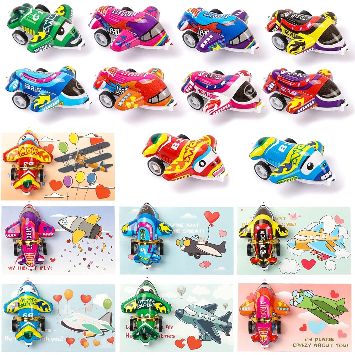 Valentine's Day Cards for Kids - 28 Pack Airplane Valentine Greeting Cards with Pull Back Planes Toy Party Favors Kids Valentine's Day Exchange Gift Cards for Boys/Girls/Classroom/School Party Supplies