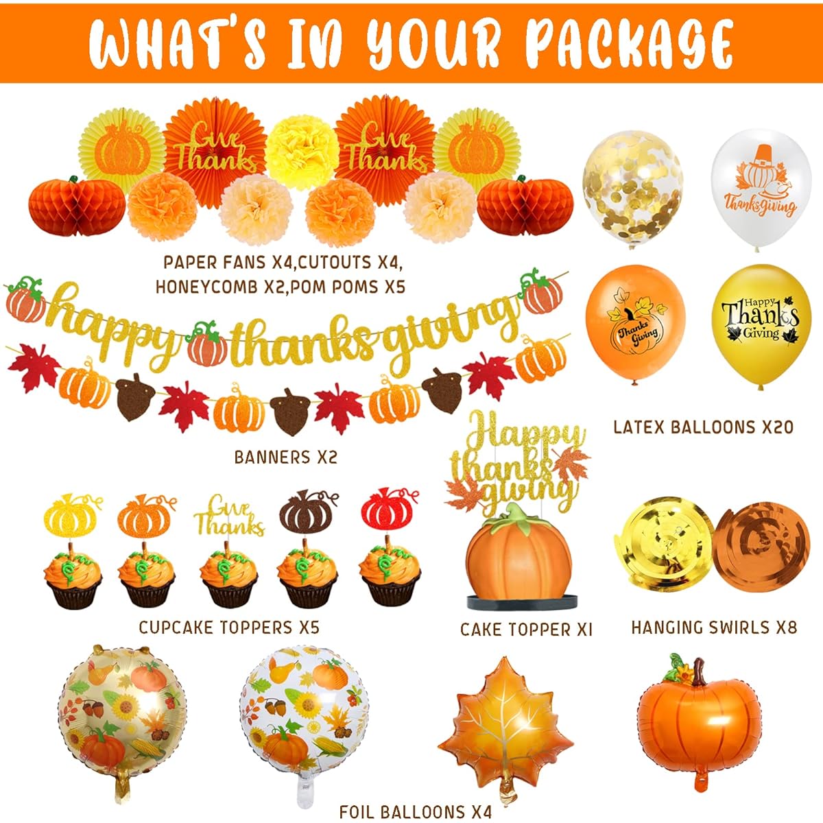 Hombae Thanksgiving Party Decorations Fall Pumpkin Supplies Happy Thanksgiving Fun Pom Poms Hanging Swirls Leaves Banner Balloons Cake Cupcake Toppers
