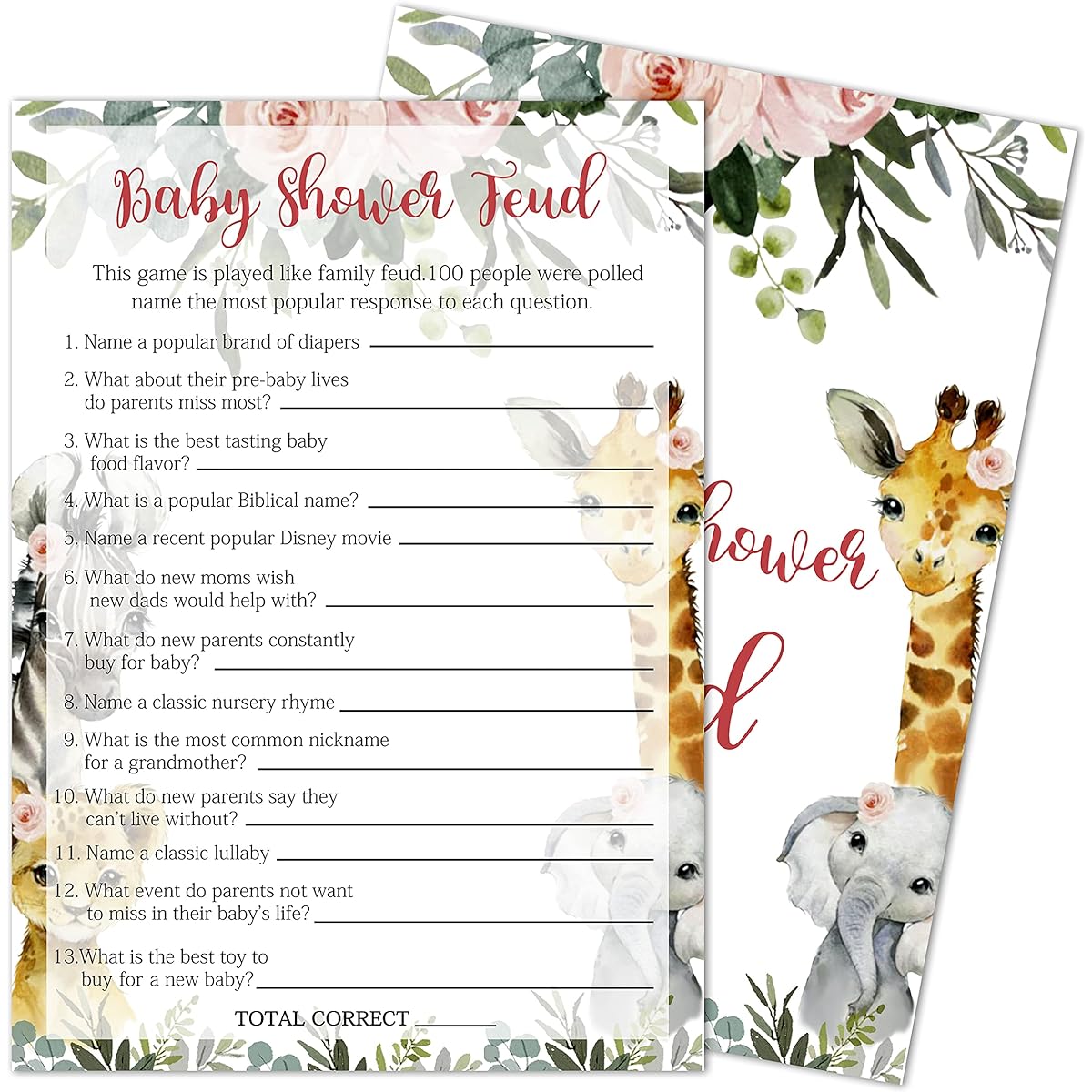 Baby Shower Fade Baby Shower Game Gender Reveal Party Supplies Jungle Animal Safari Floral Green Party Decorations - 30 Game Cards 1 Answer Card (bb002-yx05)