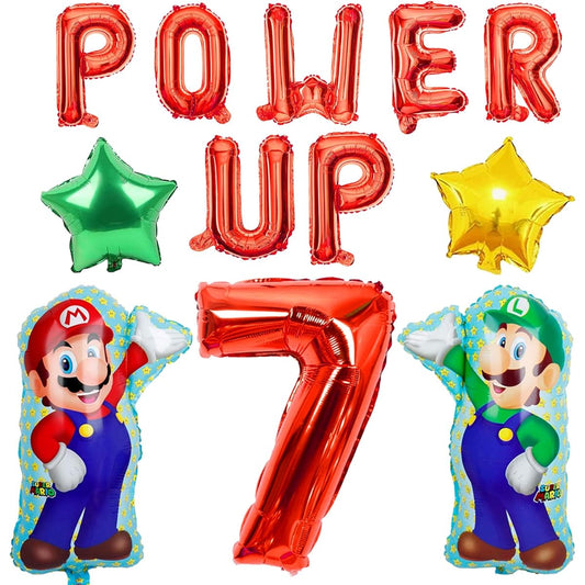 12pcs Super Birthday Balloons Brothers Theme Birthday Decorations Power Up Letter Balloons for Birthday Party (Red - 07)