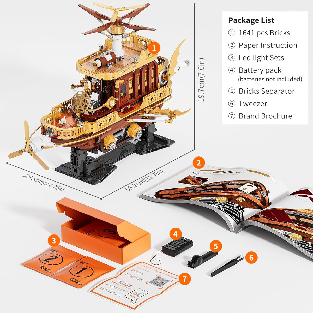 FUNWHOLE "Light Catcher" Steampunk Airship - 1641 Piece Adult Construction Model Set for Adults and Teens, F9014