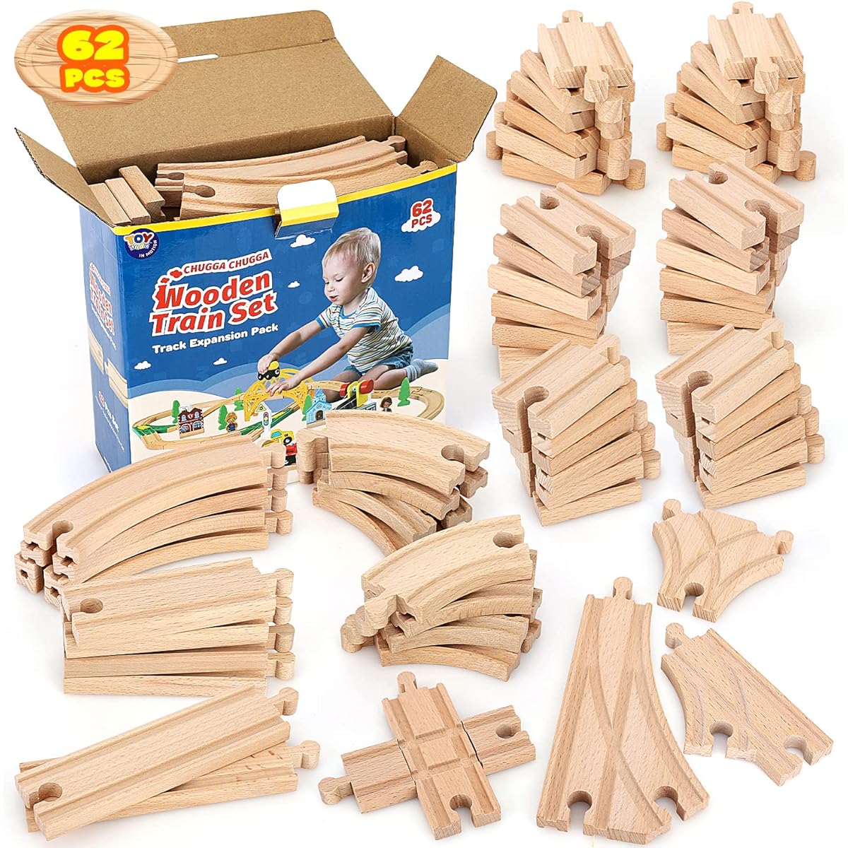 TOY Life Wooden Train Track - Wooden Train Set Wooden Track with Crane Thomas Brio Melisa Chugginton Train Track Set Wooden Railway - Toddler Boys Toy Train Set Boys Train Set 3+
