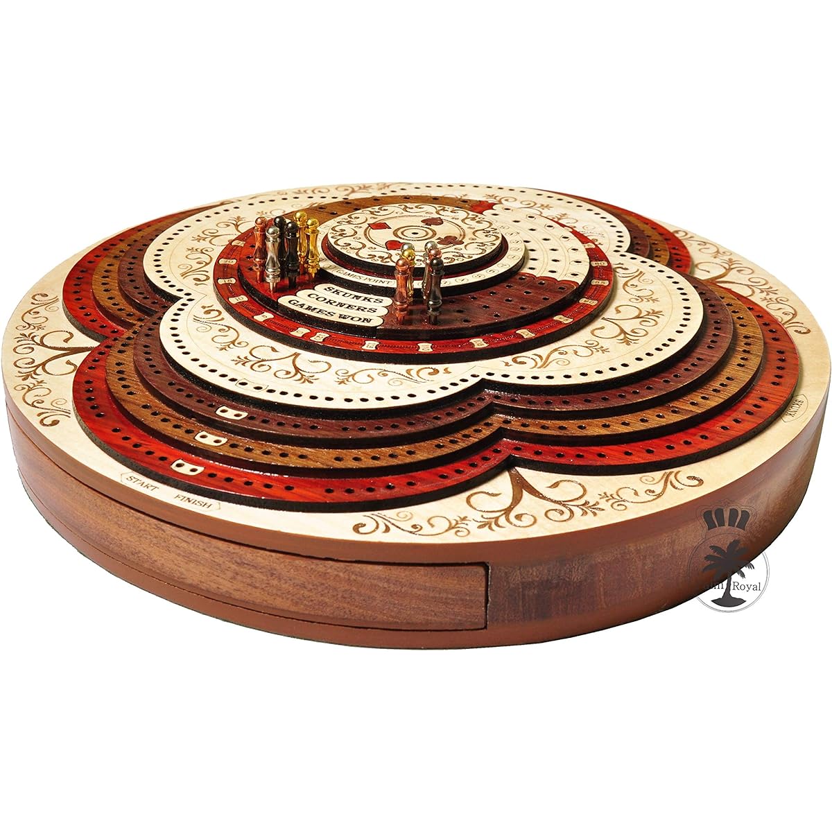 Palm Royal Handicrafts - 4 Track Cribbage Board Made of Bloodwood / Maple / Rosewood / Teak. 3D cribbage board. 4 track continuous cribbage board. 8 steps.