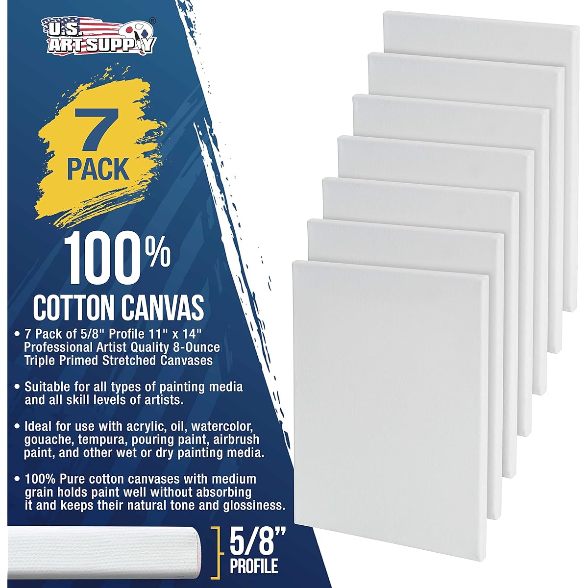 US Art Supply 11 x 14 Inch Super Value Quality Acid Free Stretched Canvas 7 Pack - 5/8 Profile Prime Gesso (7 Canvases Included)