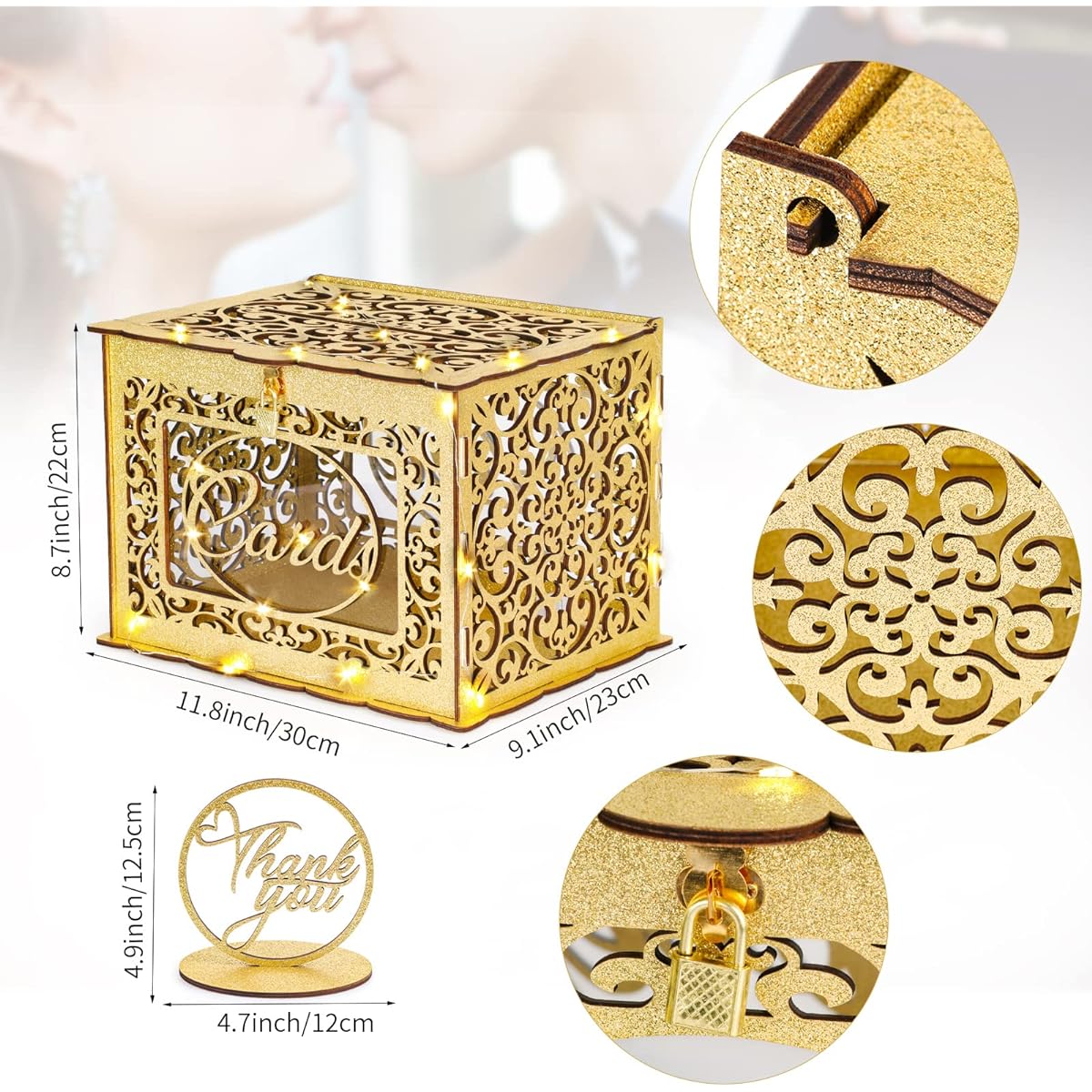 Gold Wedding Card Box for Wedding Reception, Sparkly Wooden Card Box with Locking Remote, LED Fairy Lights, Money Box Holder, Reception, Rustic, Wedding Anniversary, Shower, Birthday Party, Graduation Decorations