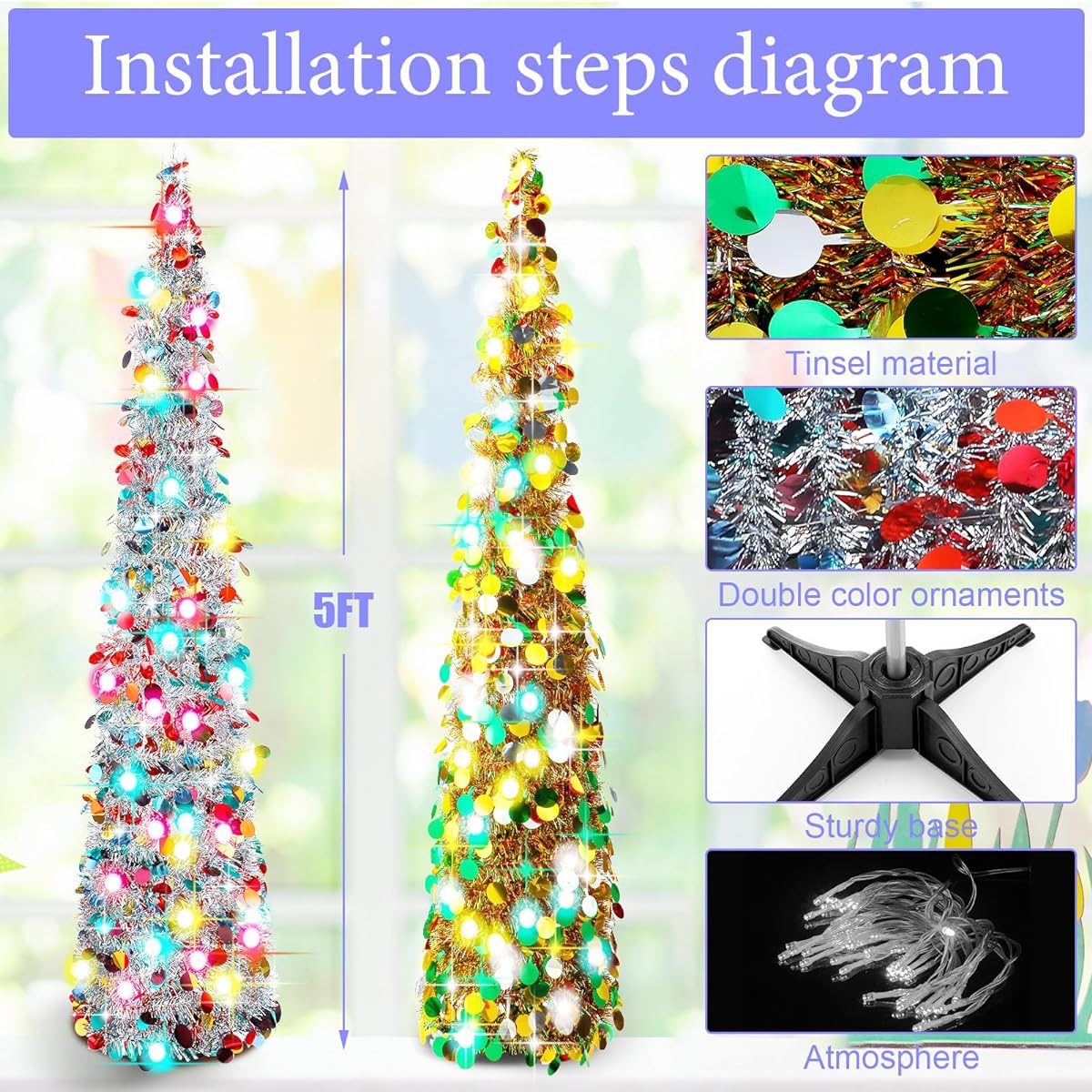 Sosation 5ft Pop Up Christmas Tree Lights Tinsel Skinny Pencil Tree with String LED Artificial Sequins Slim Foldable Coastal Tree Decorations for Holiday Christmas Fireplace Indoor Outdoor Decor 2pcs