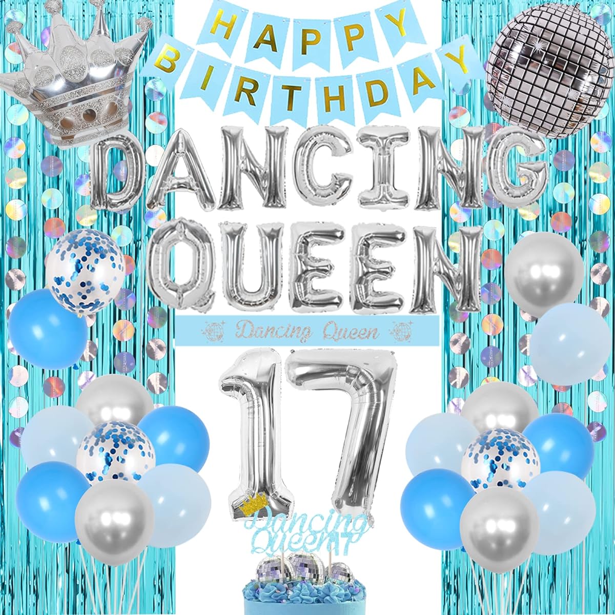 Wonmelody 17th Birthday Banner Decorations for Girls, Blue & Silver Dancing Queen 17th Birthday Decorations Disco Party Decor Dancing Queen Banner Birthday Party Supplies with Crown Balloon and Fringe Curtain