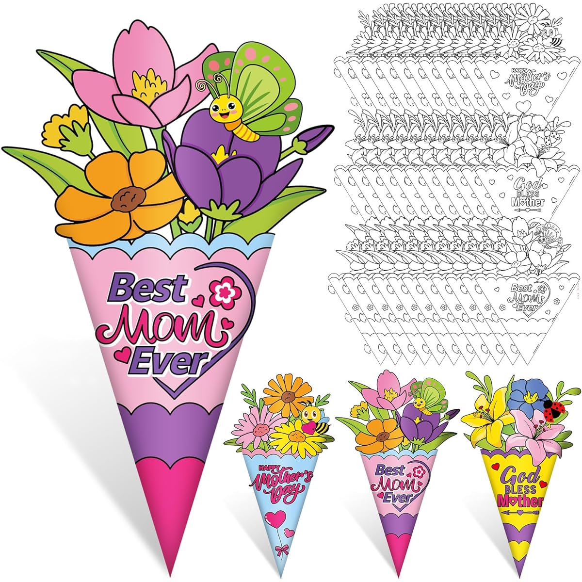 Hollowfly 36 Pieces Mother's Day Crafts for Kids Color Your Own Mother's Day Bouquet DIY Crafts for Kids Mother's Day Projects Preschool Activities