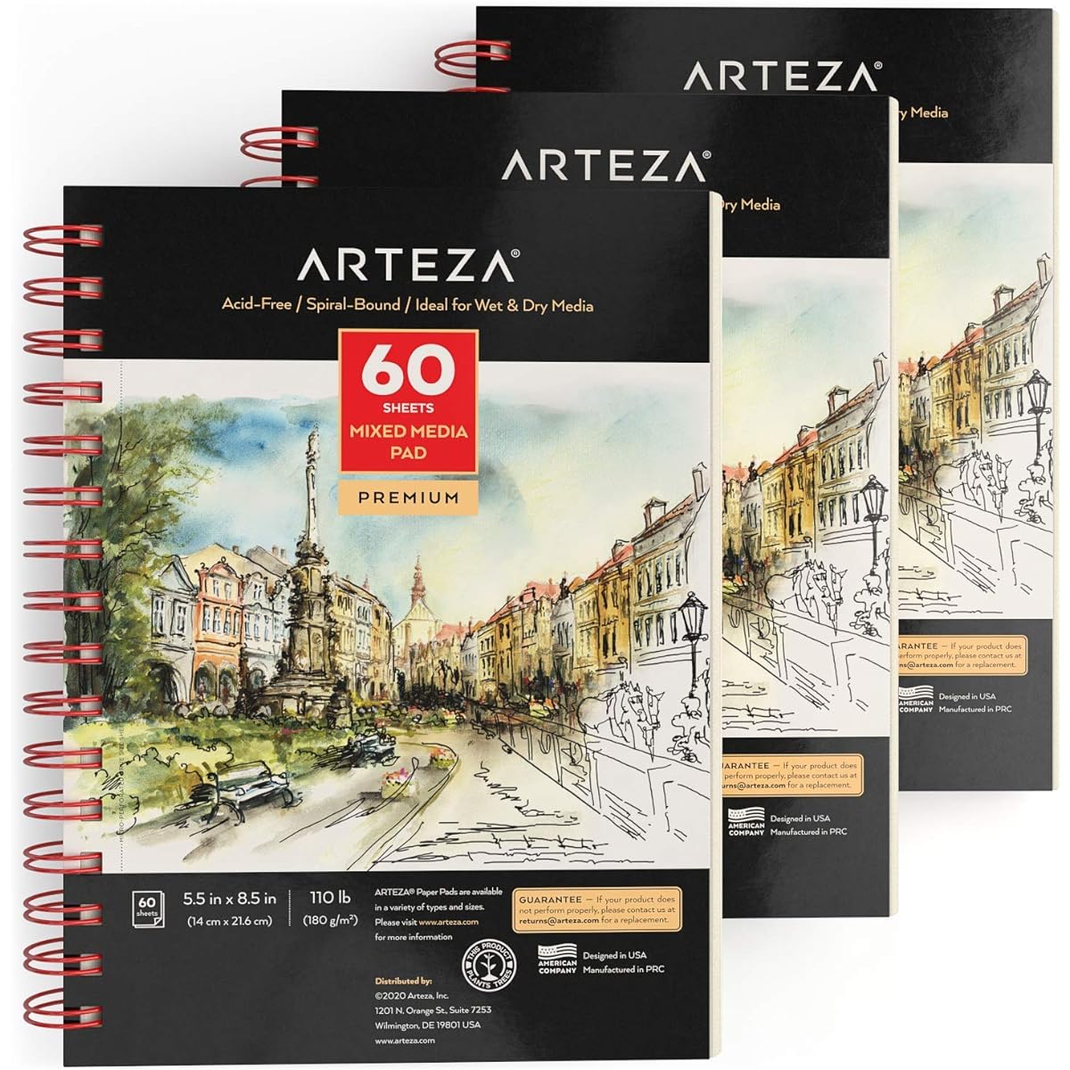 Arteza 5.5x8.5" Mixed Media Sketchbooks, 3 Pack, 120 Sheets (60 per Book), 110lb/180gsm, (Acid-Free, Micro-Perforated), Spiral-Bound Pad, Perfect for Wet and Dry Media, Sketching, Drawing, Painting
