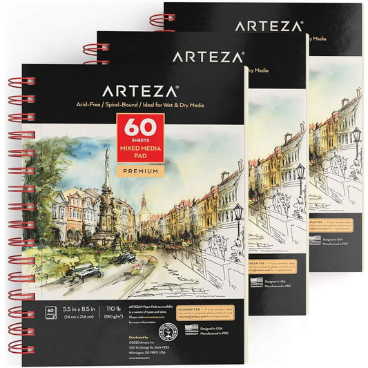 Arteza 5.5x8.5" Mixed Media Sketchbooks, 3 Pack, 120 Sheets (60 per Book), 110lb/180gsm, (Acid-Free, Micro-Perforated), Spiral-Bound Pad, Perfect for Wet and Dry Media, Sketching, Drawing, Painting