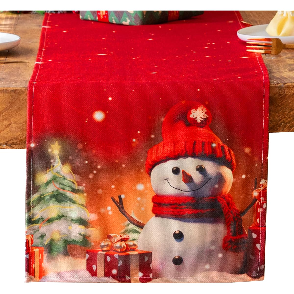 MUWOOB Christmas Table Runner 13x90 Inch Snowman Tree Snowflake Seasonal Winter Christmas Holiday Kitchen Dining Table Decor Indoor Outdoor Home Party Decoration
