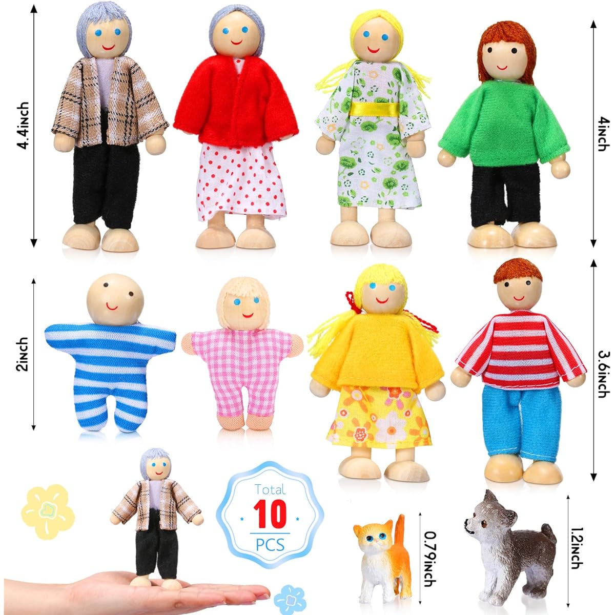 10 Pieces Wooden Dollhouse Set Mini Figures Dollhouse Dolls Wooden Dolls Pretend Play Figures Accessories for Dollhouse Toys (Bright Style)