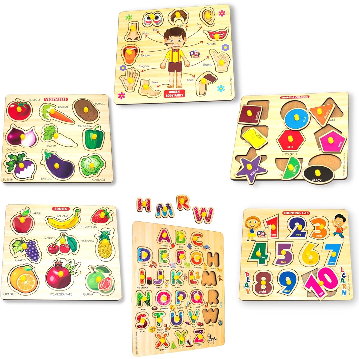 BuGBee Wooden Puzzle Games for Kids Number Alphabet Body Parts Fruits & Vegetables Puzzle Toys Ages 2-6 Preschool Education and Montessori Learning Jigsaw Puzzle Toy Gift Set