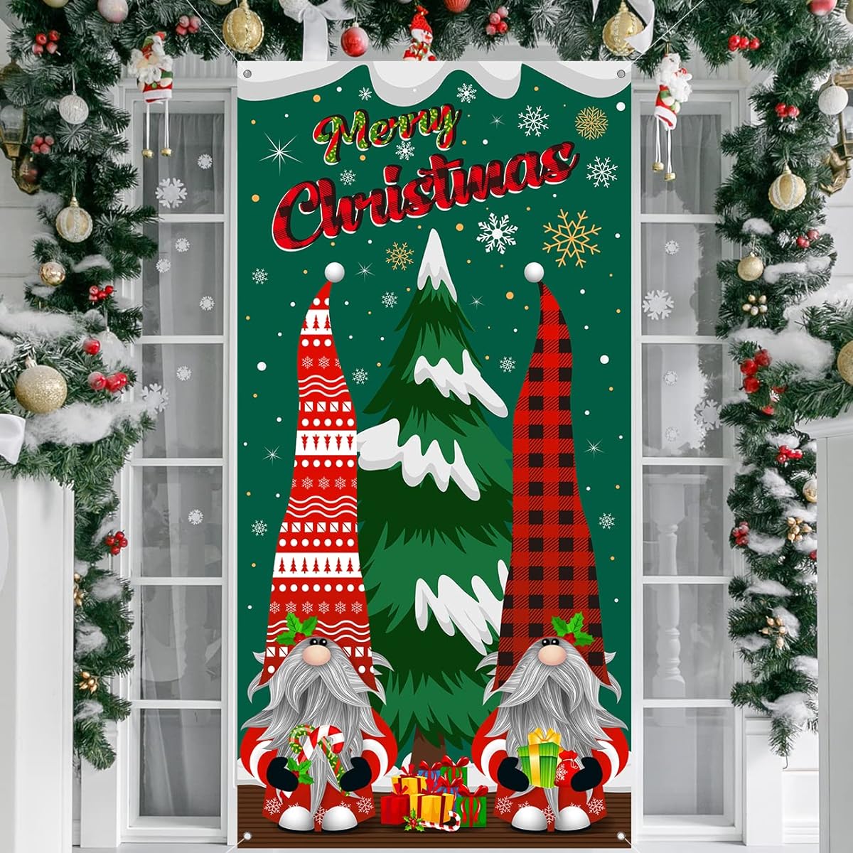 Gnome Christmas Door Cover Christmas Door Decoration Gnome Christmas Backdrop Hanging Front Door Backdrop Merry Christmas Banner Christmas Eve Holiday Party Decoration Supplies