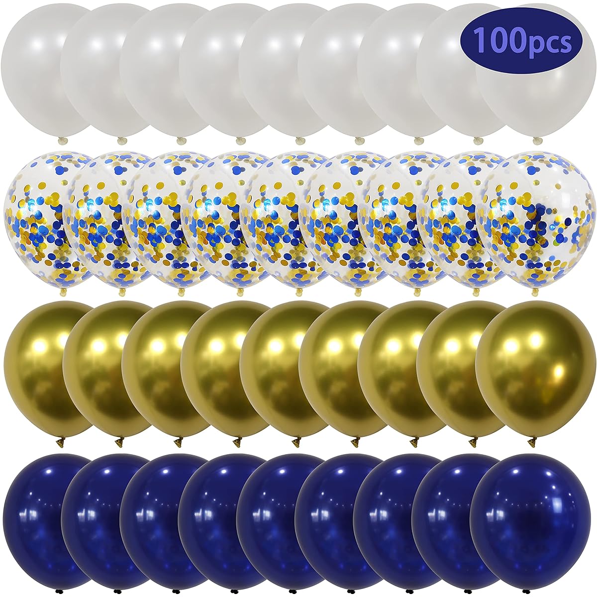 Tuoyi 100pcs Navy Blue Gold Chrome Metallic Balloons Confetti Balloon Decoration Set, 12inch Pearl White&Gold Blue Metallic Chrome Party Balloons for Wedding Baby Shower Birthday Party