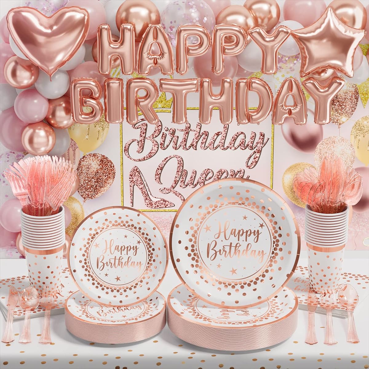Ecomore White Rose Gold Party Supplies - 258pcs Girls Birthday Decorations & Disposable Tableware Set (25pcs) with Happy Birthday Paper Plates Cups Napkins Banner Tablecloth Backdrop Balloon Kit