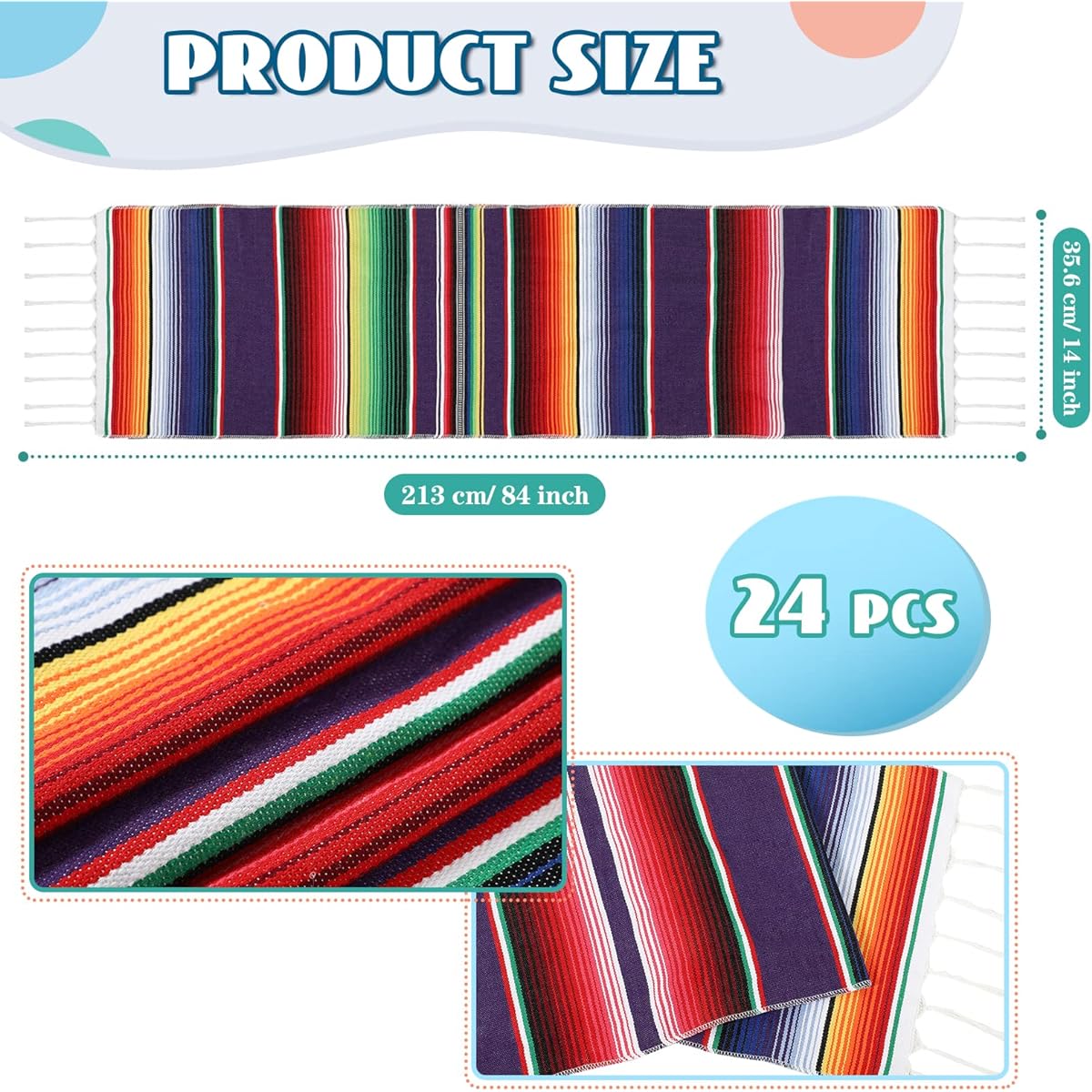 Mexican Serape Table Runner Hand Woven Fringe Cotton Serape Blanket Table Runner Colorful Mexican Striped Table Runner Mexican Party Decorations Fiesta Party Supplies 14 x 84 Inch 24 Pieces