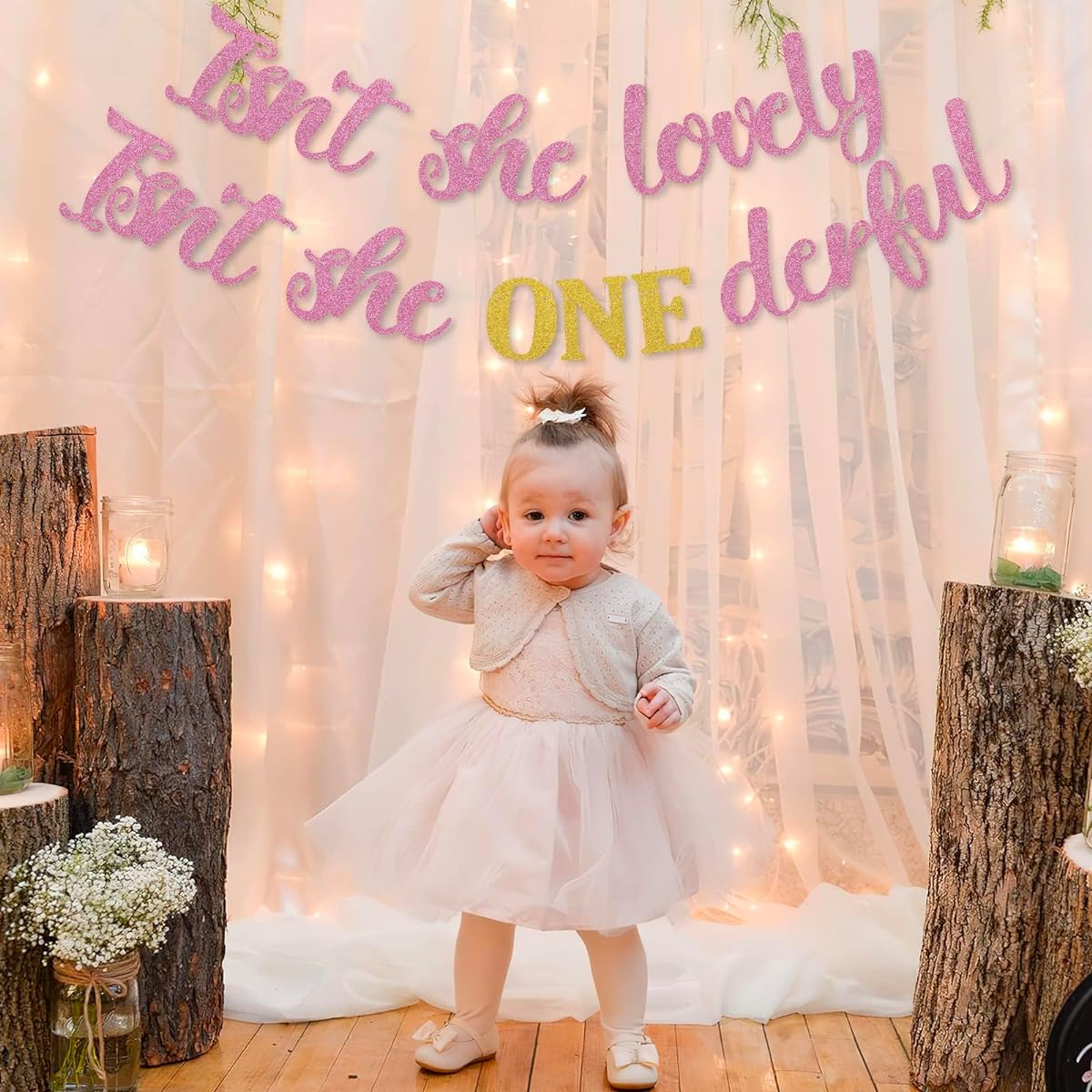 Isn't She Lovely Isn't She Oneederful Banner Baby Girl First Birthday Party Decoration 1 Year Old Pink & Gold Glitter Garland with Gut Boho Theme Favors