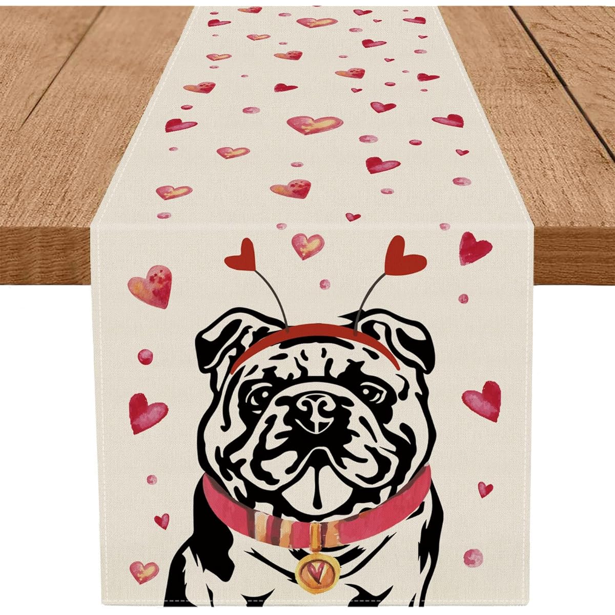Valentine's Day Table Runner English Bulldog Love Heart 13 x 72 Inch Valentine Table Runner for Valentine's Day Wedding Anniversary Kitchen Dining Party Home Decoration