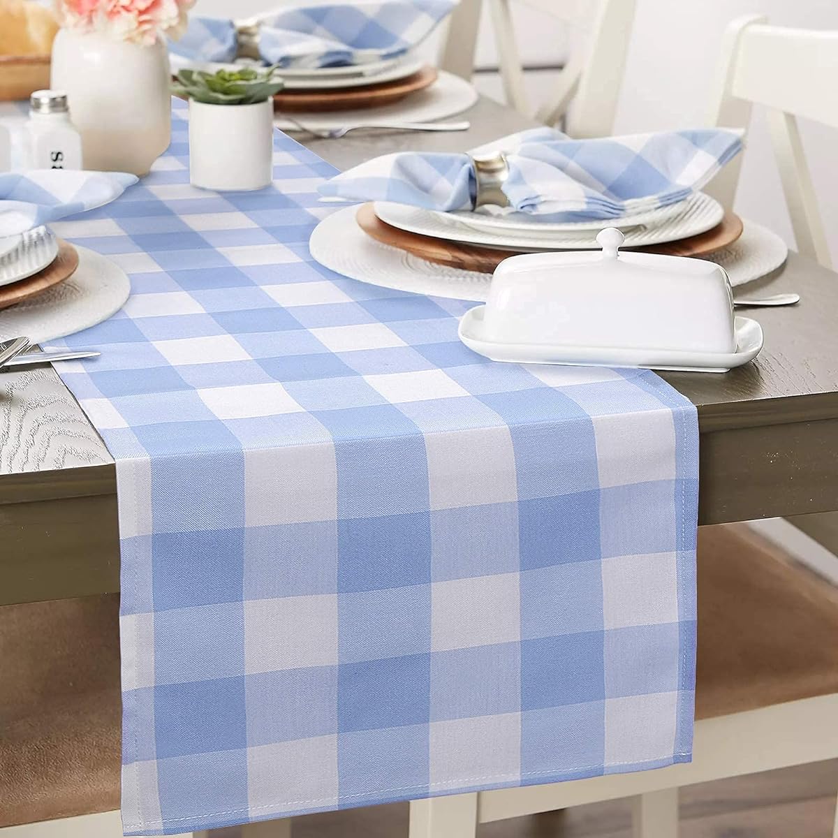 tiosggd Buffalo Check Table Runner 72" Long Farmhouse Style Cotton Fabric Rustic Holiday Party Decor Washable (Blue & White)