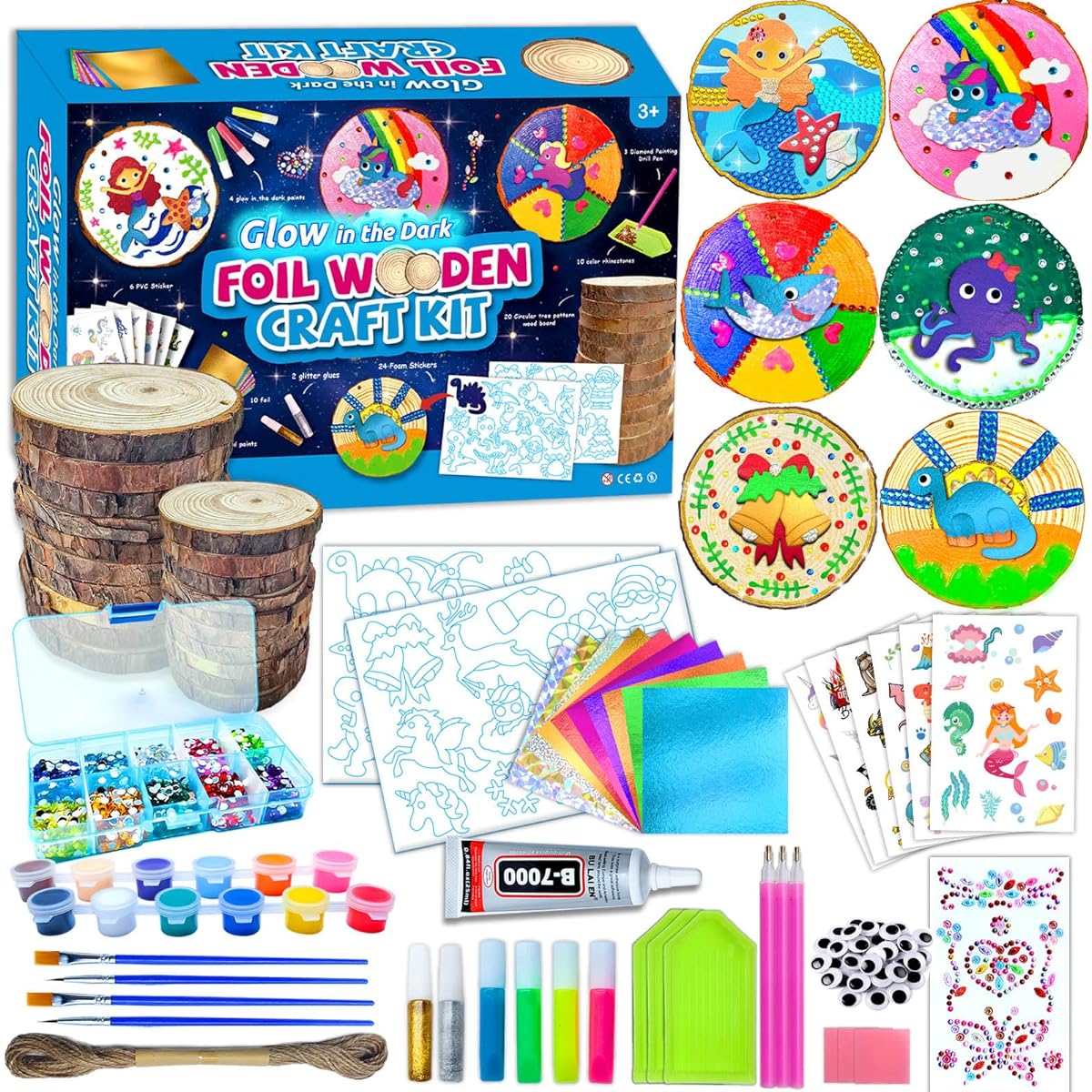 Wooden Painting Kit for Kids - Glow in the Dark Arts & Crafts Gifts for 5-12 Year Old Boys/Girls Foil Wood Slices Gemstone Diamond Painting Set Creative Art Toys for 5 6 7 8 9 10 11 12 Year Old Kids
