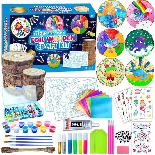 Wooden Painting Kit for Kids - Glow in the Dark Arts & Crafts Gifts for 5-12 Year Old Boys/Girls Foil Wood Slices Gemstone Diamond Painting Set Creative Art Toys for 5 6 7 8 9 10 11 12 Year Old Kids