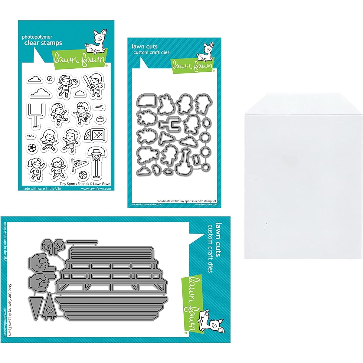 Lawn Fawn Tiny Sports Friends 3"x4" Clear Stamp Set with Stadium Seating Dies (LF2865, LF2866, LF2882) and 1 Stamp/Die Storage Pocket, 4 Item Bundle