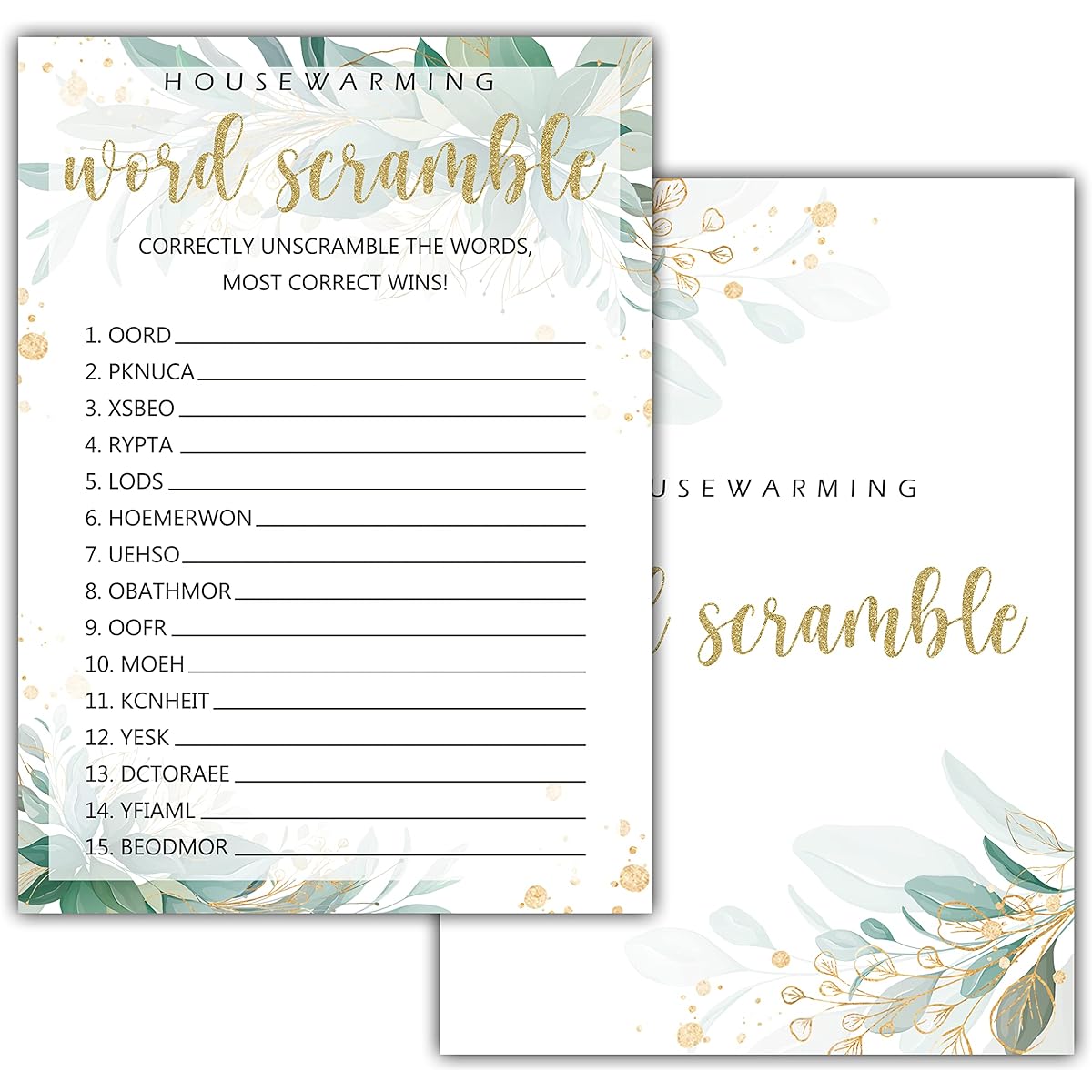 Housewarming Party Game, Word Scramble Game, Greenery Floral Golded Fun New Home, New House, New Home Owner Party Game Cards, 30 Cards Each Pack