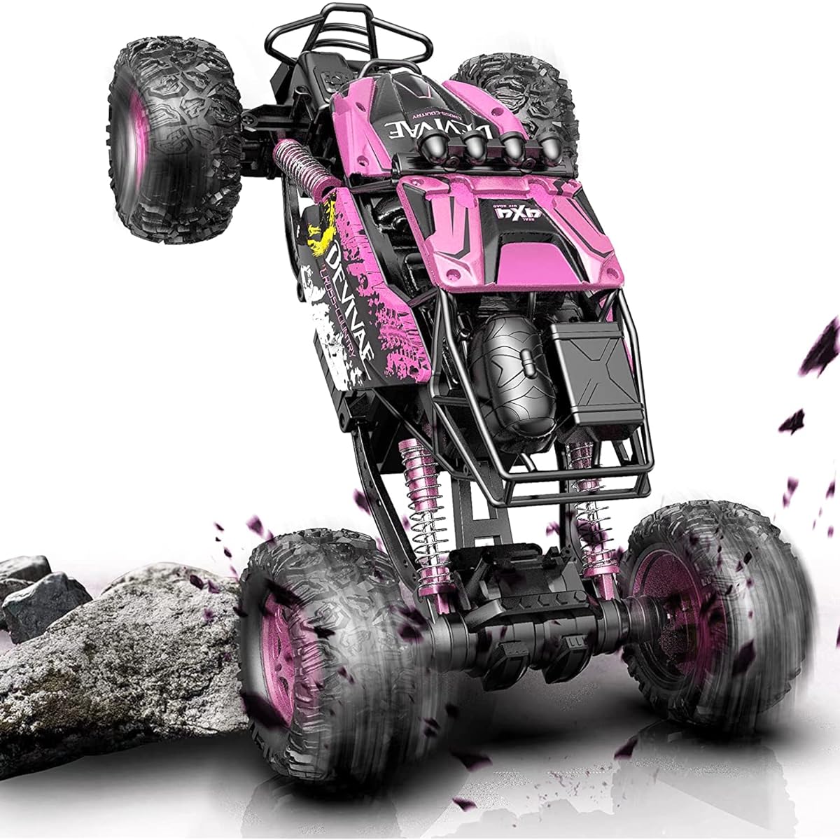 CROBOLL 1:12 Large RC Car Toy for Boys Girls with Lifting Function 4WD Remote Control Car Gift for Kids 4X4 Off-Road RC Rock Crawler 2.4GHz All Terrain RC Truck with 2 Batteries 60 Minutes Playtime (Pink)