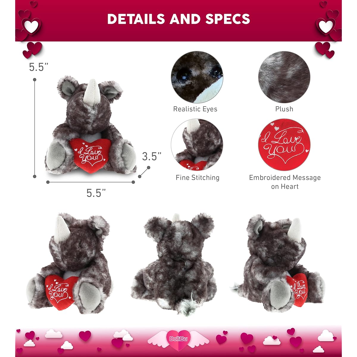 DolliBu I Love You Valentine Plush Sitting Brown Rhino - Cute Soft Cuddly Stuffed Animal with Red Heart for Valentine's Day, Birthday Gift, Anniversary, Romantic Date - 5.5 Inch