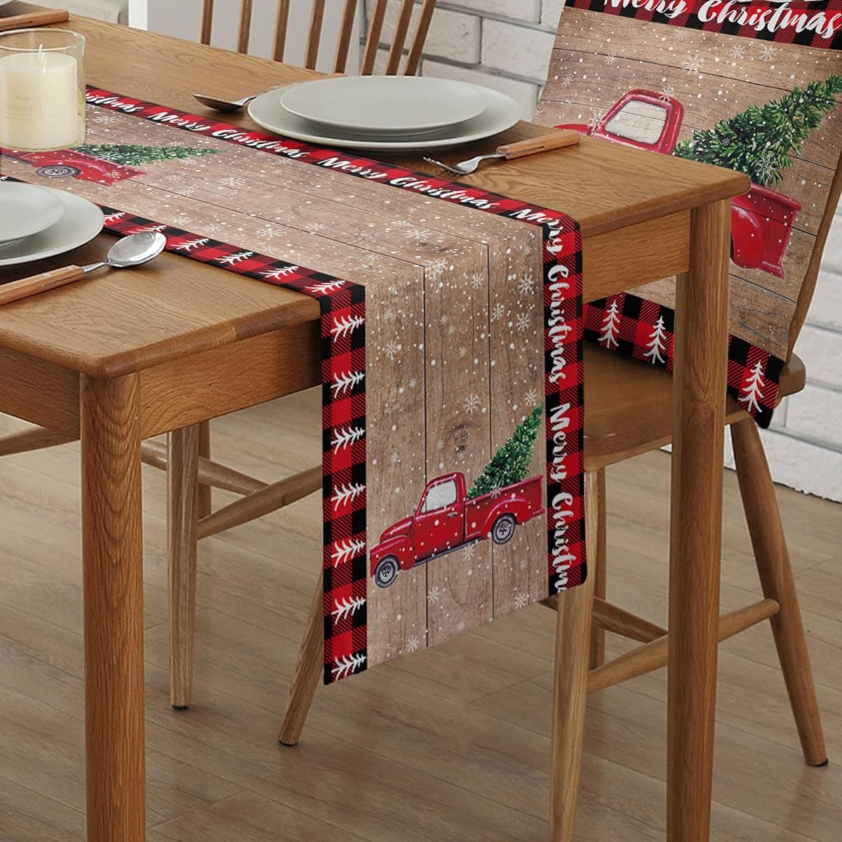 Christmas Red Track Burlap Table Runner 36 Inch Red Black Buffalo Check Cotton Linen Table Runner Table Cloth Christmas Table Decoration for Wedding/Holiday/Party/Dining Room Rustic Wood