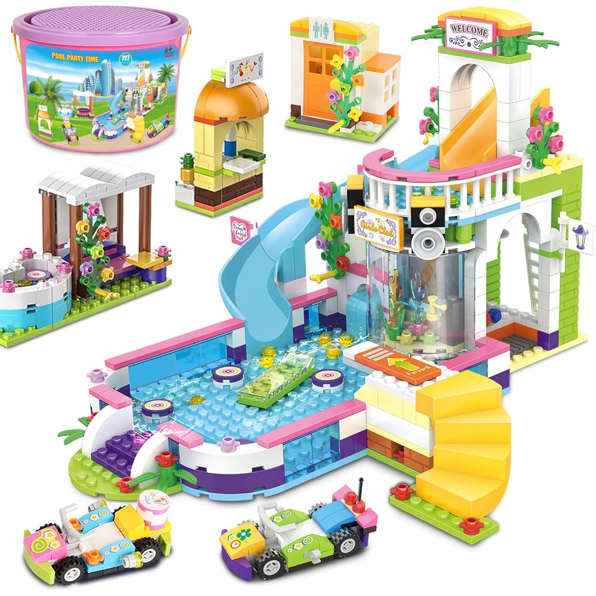 Friends Summer Pool Building Set for Girls 6-12 Years Beach Pool Party Building Blocks Toy Water Park Building Juice Bar and Car Storage Box Christmas Birthday Role Play Gift for Kids Girls 7-9 Years