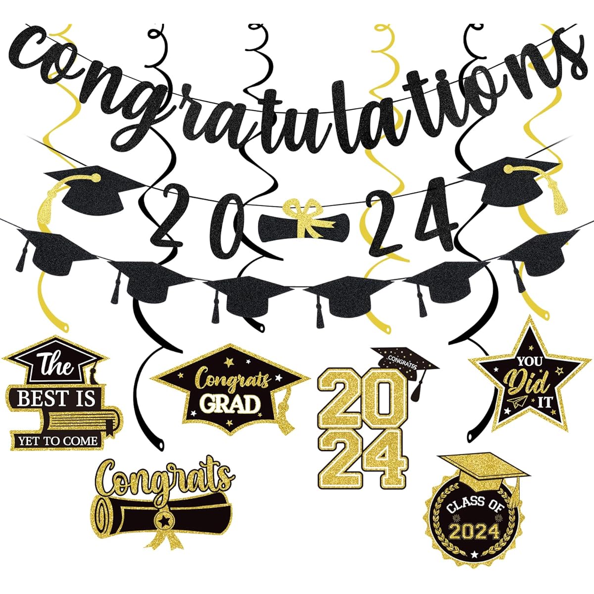 Black Congratulations 2023 Banner and Graduation Hanging Swirls, 2023 Congratulations Graduation Banner Congratulations Graduation Banner Black Congratulations Graduation Party Decorations 2023