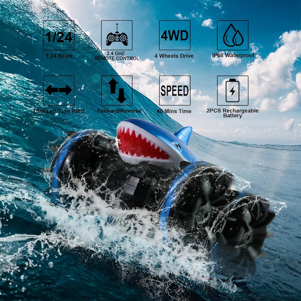 Desdoni Amphibious Remote Control Car 2.4GHz Waterproof Off-Road RC Shark Truck 4WD Stunt Car 360° Rotation All Terrain RC Truck for Adults Boys Girls Kids Gifts with 2 Rechargeable Batteries
