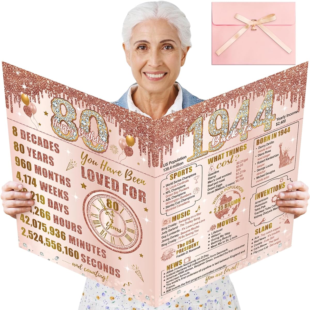 Turypaty Large 80th Birthday Card with Envelope for Women Pink Rose Gold Back 1944 Happy 80th Birthday Giant Guest Signature Book Gift, Extra Large 1944 80th Greeting Card Decoration Party Supply