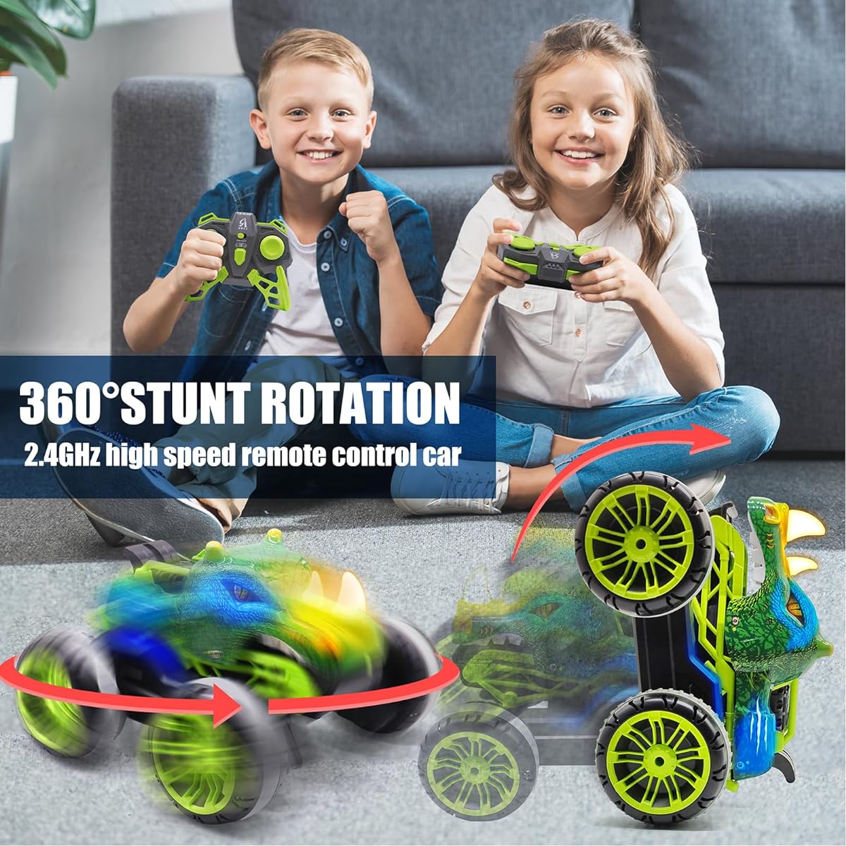 iNFUN iNJOY RC Stunt Dinosaur Car Truck Toys for Kids 2.4GHz Remote Control Truck Toys with Lights & Sounds Indoor Outdoor All Terrain Electric RC Car Toys Gifts for 3 4 5 4 7 8-12 Boys