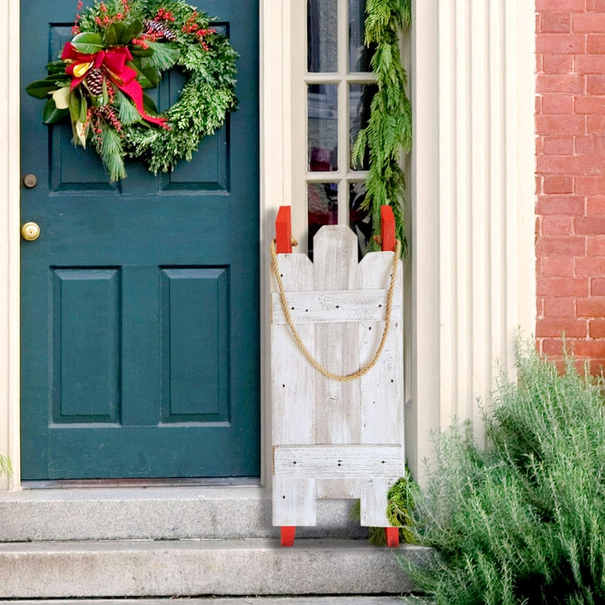 Rustic Wooden Sleigh for Christmas - Holiday Porch Decor - Hand Painted Made of Reclaimed Wood (White-Red)