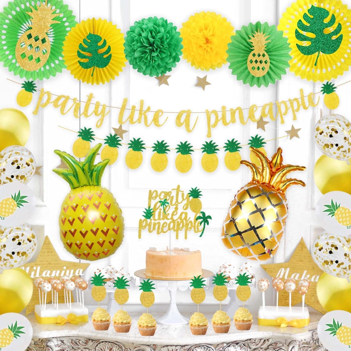 Hombae Pineapple Party Decorations, Pineapple Party Supplies, Pineapple Cupcake Toppers, Pineapple Foil Balloons for Men Hawaiian Luau Tropical Summer Party Decorations Supplies, Party Pineapple Banner Green Yellow Paper Fans Pineapple Cutouts