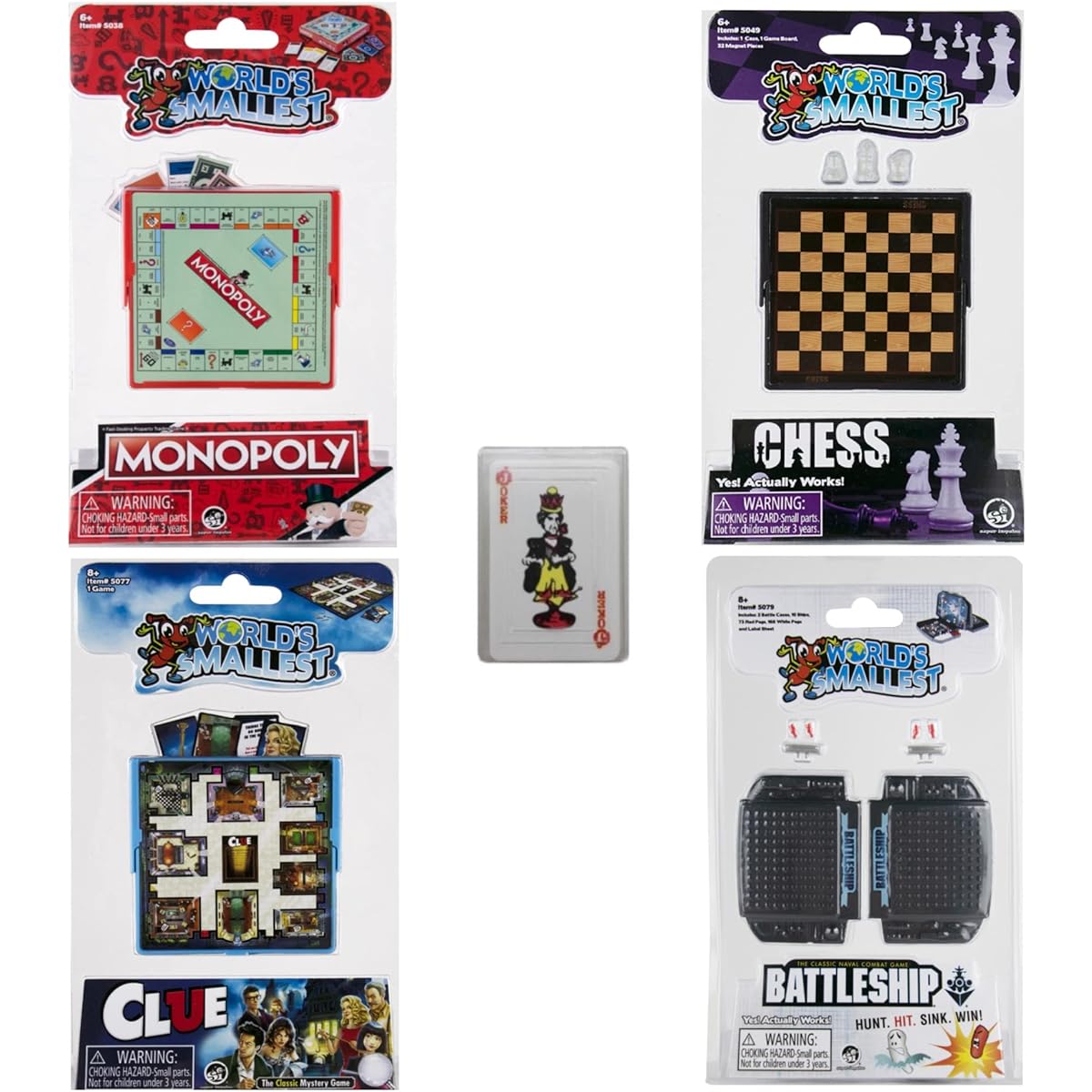 Miniature Classic Games Bundle - Monopoly - Chess - Clues - Battleship - World's Smallest with Bonus Miniature Playing Cards - Great for Outdoors, Travel & Family Game Nights