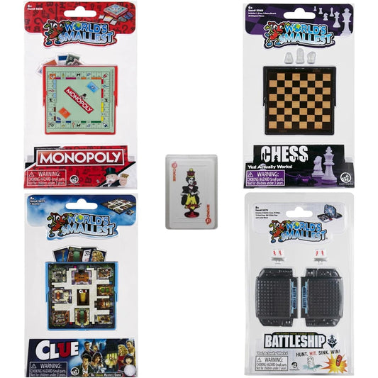 Miniature Classic Games Bundle - Monopoly - Chess - Clues - Battleship - World's Smallest with Bonus Miniature Playing Cards - Great for Outdoors, Travel & Family Game Nights