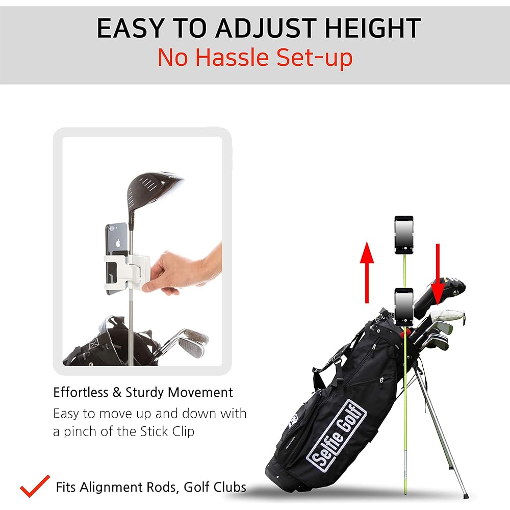 SelfieGOLF Record Golf Swing Cell Phone Holder Golf Analyzer Accessory PGA Best Product Award Winner Selfie Putting Training Aid Compatible with All Golf Bags and Alignment Sticks