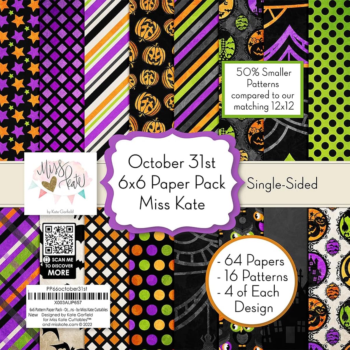 Miss Kate Cuttables 6x6 Pattern Paper Pack - October 31 - Premium Specialty Paper for Halloween Scrapbooking, Single Sided, 6"x6" Collection of 64 Sheets - 50% Smaller Patterns -
