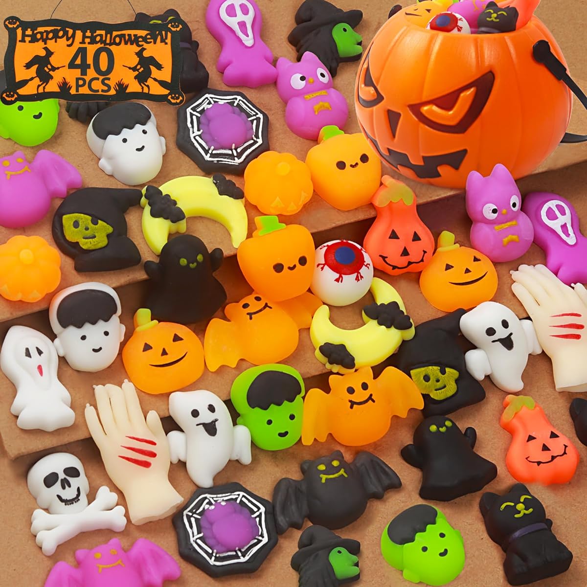 Halloween Party Favors Squishy Toys - 40 Piece Set with Pumpkin Container - Fun and Relaxing Gifts for Kids/Boys/Girls/Parties
