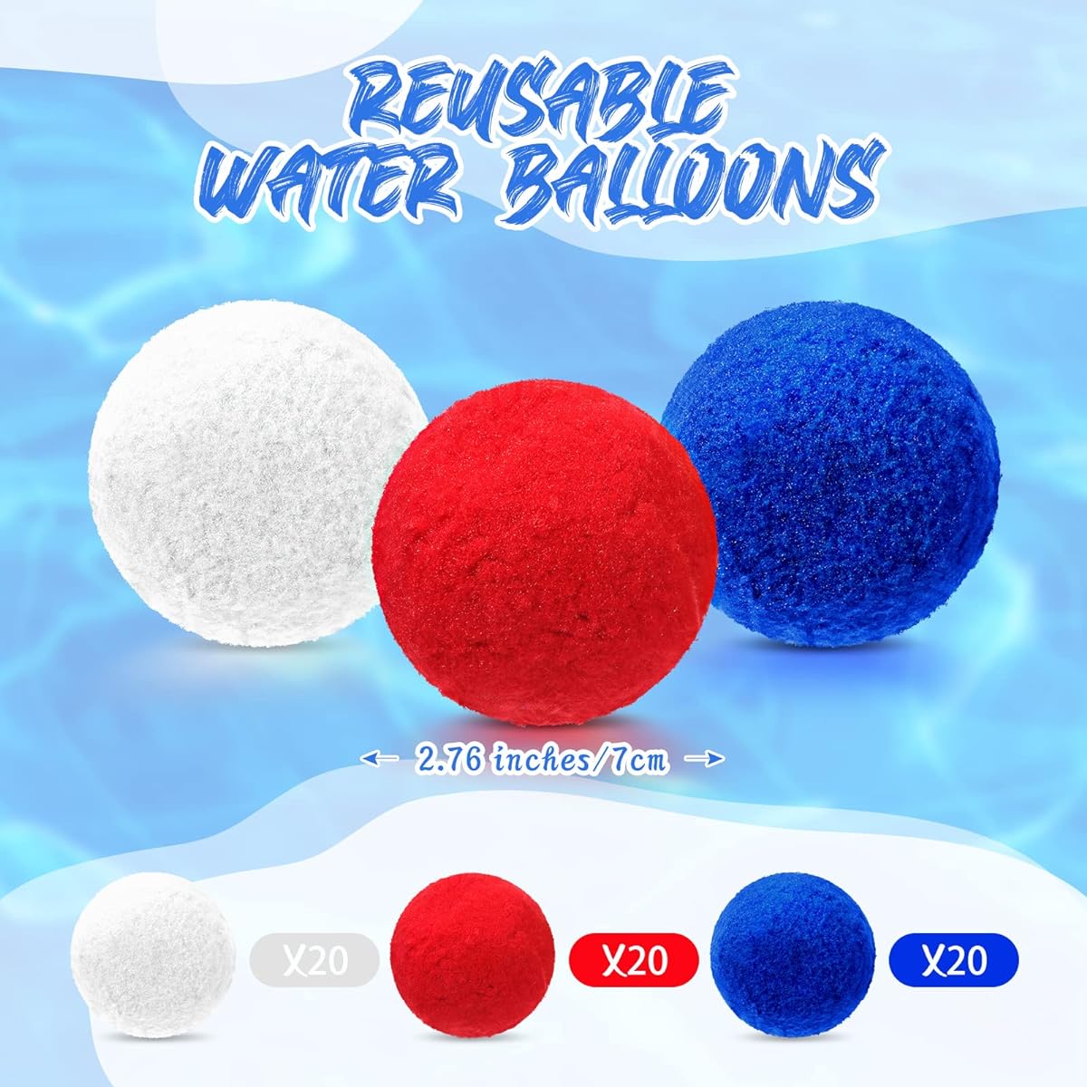 60pcs Water Balls Reusable Cotton Balloons Highly Absorbent Splash Soaker Bomb Balls Summer Toys Kids Outdoor Indoor Pool Beach Ball Activity