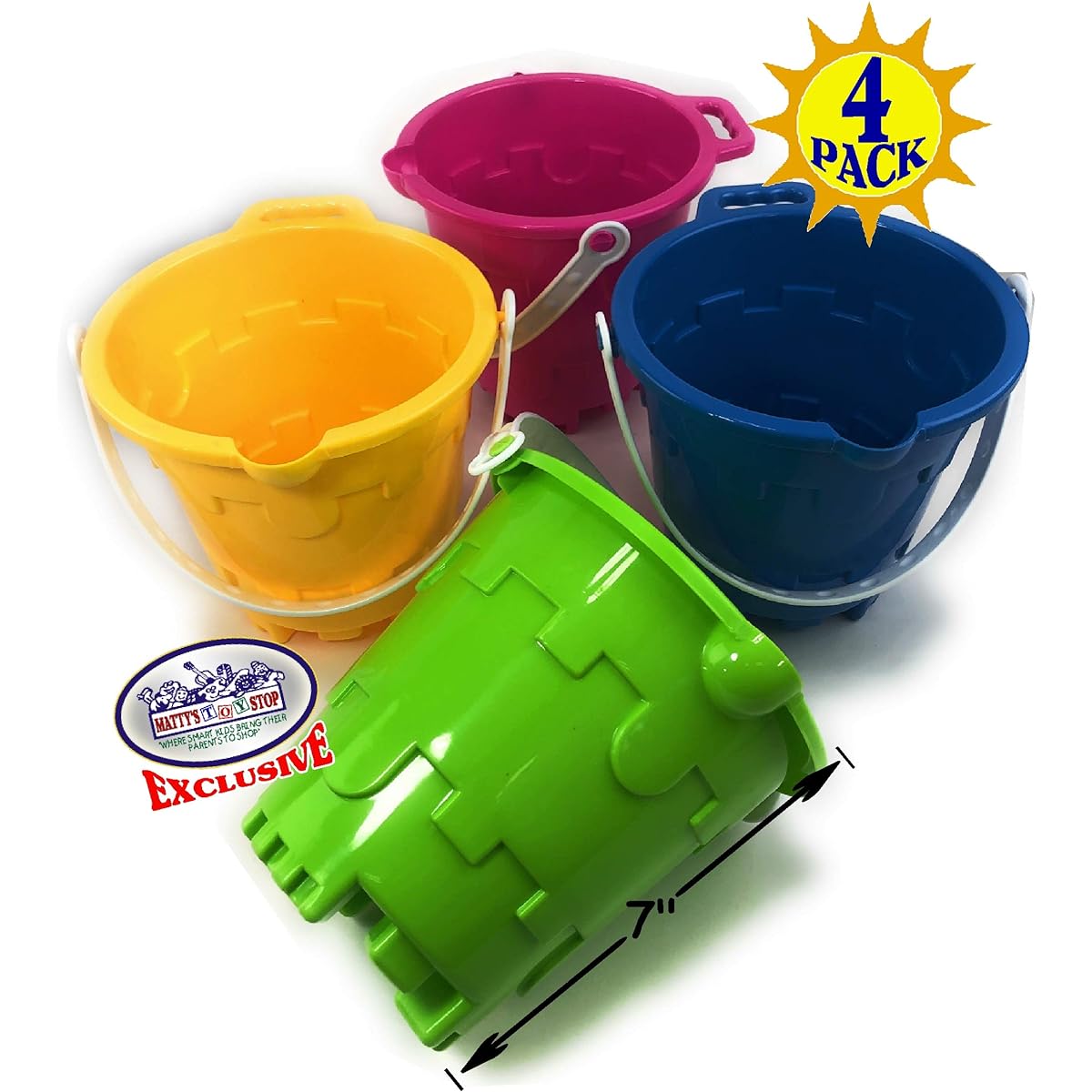 Matty's Toy Stop Beach Gear 7" Plastic Castle Sand Buckets (Paillets) with Easy Pour Spout and Handles - Blue, Pink, Green, Yellow - Party Set Bundle - 4 Pack