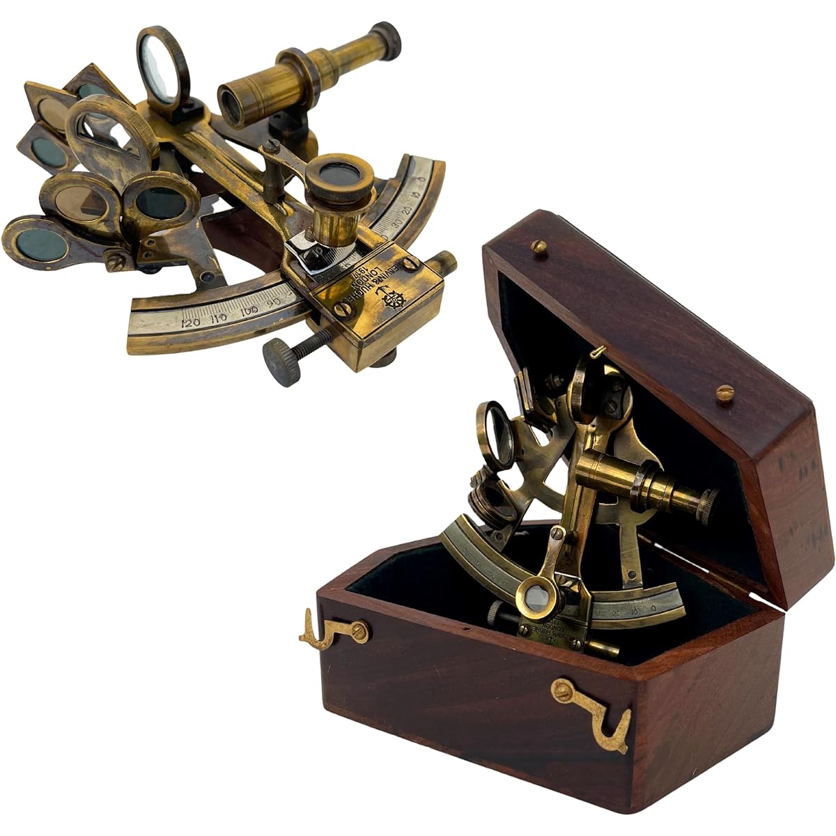Medieval Replica Brass Sextant 4 Inch Antique Kelvin & Hughes London 1917 Handmade with Wooden Box Gift
