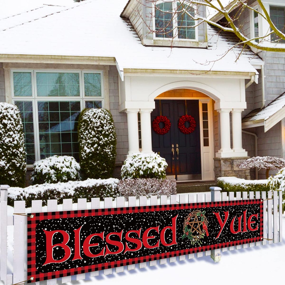 Blessed Yule Fence Banner Christmas Buffalo Check Winter Solstice Holiday Photo Booth Backdrop Outdoor Decor